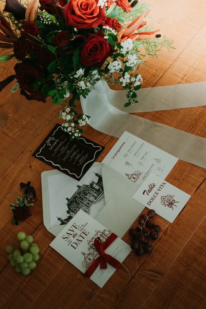 Papeterie de mariage dolce vita, save the date au ruban rouge, menu et marque-table Dolce Vita, shooting d’inspiration Dolce Roma